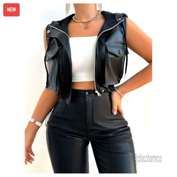 PU Leather Zip Up Cropped Vest Sleeveless Hooded Jacket with Pockets